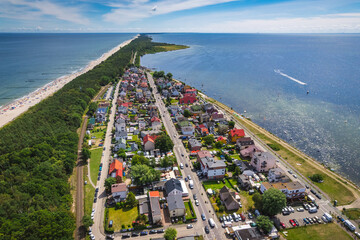 Summer view from the air of the Hel Peninsula, a calm and nice landscape over Chalupy village. - obrazy, fototapety, plakaty