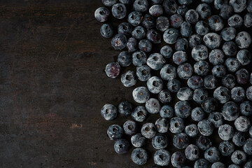 Frozen blueberry covering a right half of an old scratched metal rusty surface horizontal background