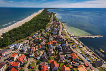 Summer view from the air of the Hel Peninsula, a calm and nice landscape over Kuznica village. - obrazy, fototapety, plakaty