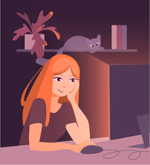 vector illustration with a girl working at a computer at night at home