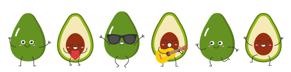 Set avocado character cartoon fruit greeting jumping loves sings running cute funny smiling face happy joy emotions icon vector illustration.