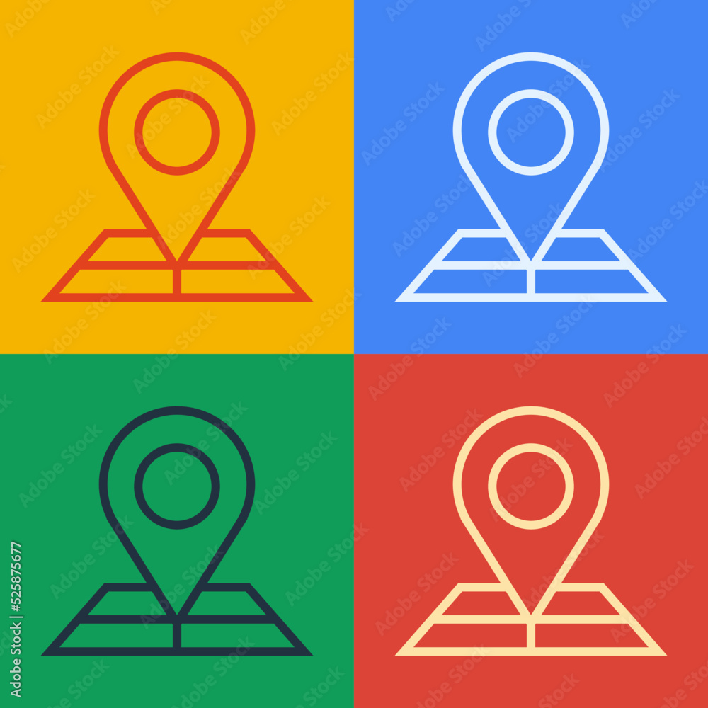 Poster pop art line folded map with location marker icon isolated on color background. vector