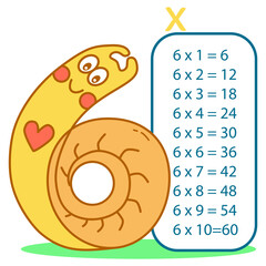 Multiplication table with fun snail, number 6. Six times table chart. Educational material. Hand drawn sketch. Vector illustration.