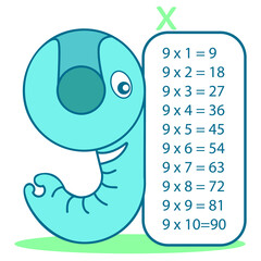 Multiplication table with elephant head, number 9. Nine times table chart. Educational material. Hand drawn sketch. Vector illustration.