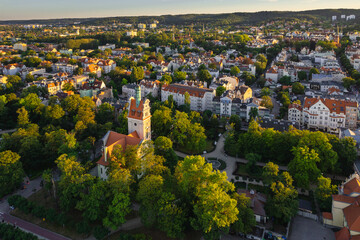 Aerial view of Sopot and the buildings of the seaside village. A warm summer afternoon creates a pleasant atmosphere in the photo.