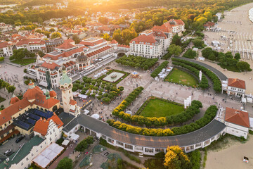 Aerial view of Sopot and the buildings of the seaside village. A warm summer afternoon creates a pleasant atmosphere in the photo.
