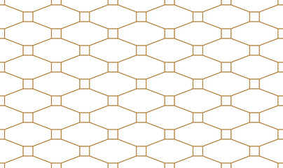 Fototapeta premium Elongated octagonal shapes connected by squares in a repeating pattern, gold color outline, geometric vector illustration