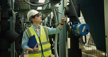 Portrait Professional Inspector Engineer foreman in hardhat working checking the valve pipelines...
