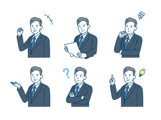 中年　ミドル　スーツ姿の男性　会社員　ビジネスマン　セット　イラスト