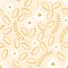 Seamless pattern with rice seeds, paddy rice and daisy flower on pastel gold background vector illustration.