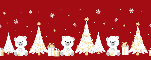 Christmas seamless border with polar bears, fir trees, snowflakes, stars with gold texture. New Year, Christmas, holiday. Christmas ribbon. Gold glitter effect on a red background.
