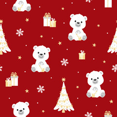 Christmas seamless pattern with polar bears, Christmas trees, snowflakes, stars on a blue grey background. New Year, Christmas, Holiday. Children's fabric and blankets. Gold glitter effect on red