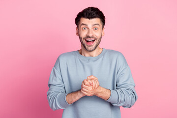 Photo of satisfied impressed man hold arms beaming smile cant believe isolated on pink color background - obrazy, fototapety, plakaty