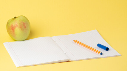 Open checkered notebook with pen and apple on yellow background, study