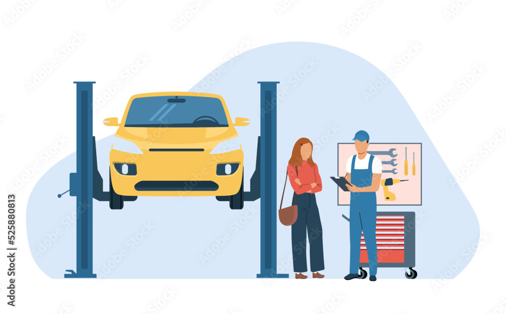 Wall mural woman driver in a car service talking to a mechanic about a list of car repairs. vector illustration