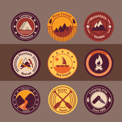 Outdoors tourism camping flat badges set of road mountain tree and nature isolated vector illustration