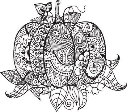 Halloween pumpkin drawn in zentangle coloring book page