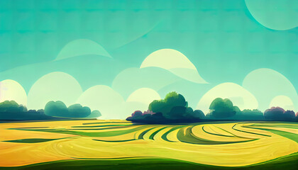 Obraz premium A landscape cartoon painting of fields and clouds. A drawing of a minimal rural view. A colorful doodle of wheat fields. High quality wallpaper.