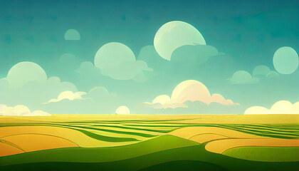 Fototapeta premium A landscape cartoon painting of fields and clouds. A drawing of a minimal rural view. A colorful doodle of wheat fields. High quality wallpaper.