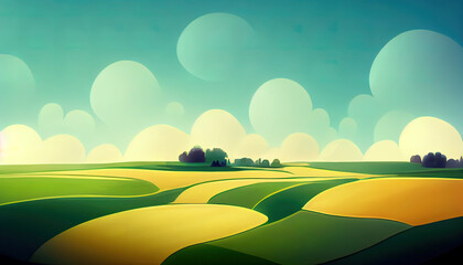 Obraz premium A landscape cartoon painting of fields and clouds. A drawing of a minimal rural view. A colorful doodle of wheat fields. High quality wallpaper.
