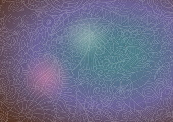 Floral abstract pattern. Purple background with white outline doodle flowers and leaves.