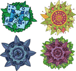 Set of 4 colored flowers in Zentangle and mandala styles, showcasing intricate patterns and vibrant colors. Perfect for use in artistic projects and adult coloring books.
