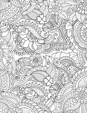 Seamless abstract pattern of zentangle flowers and leaves. Adult coloring book  page