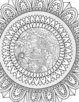 Mandala zentangle flower, meditative coloring book page. Doodle pattern