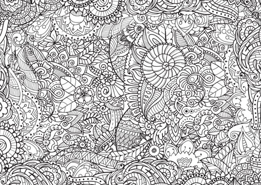 Floral seamless pattern. Outline sketch contour drawing, line art. Abstract pattern for coloring page, wallpaper, background