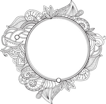 Round banner frame border with zentangle floral adult coloring book design elements