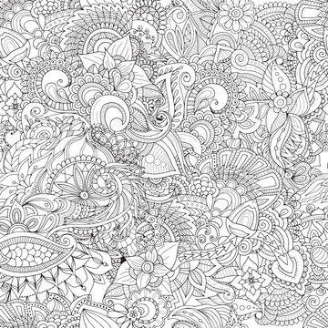 Floral seamless pattern. Outline sketch contour drawing, line art. Abstract pattern for coloring page, wallpaper, background