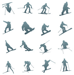 Set of ski adventurers silhouettes. Skiers and snowboarders.