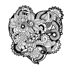 Adult coloring book page with heart shape filled with floral pattern.  Valentine's day decor