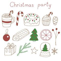 Christmas party set vector illustration, hand drawing doodles