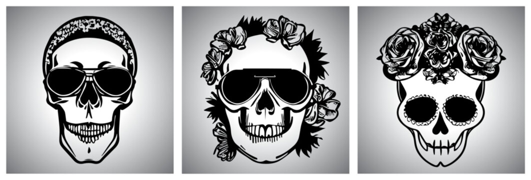 Skulls with flowers background collection. Minimalist line art.