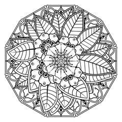 Obraz premium Floral Background with mehndi flower. Decorative ornament in ethnic oriental style, doodle ornament, outline hand draw. Coloring book page.