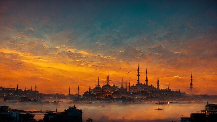 Obraz premium Beautiful Istanbul sunrise landscape with colorful sky. Travel Turkey concept.