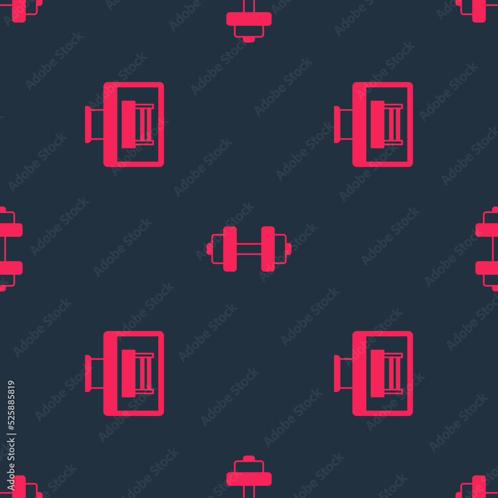 Poster set boxing ring and dumbbell on seamless pattern. vector