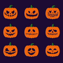 Set of halloween pumpkins on a dark background