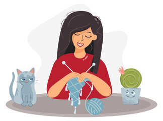 Girl knit. Knitting clothes, a woman sits at a table and knits. Cozy home interior with young woman, cat and cactus, vector illustration in cartoon flat style.