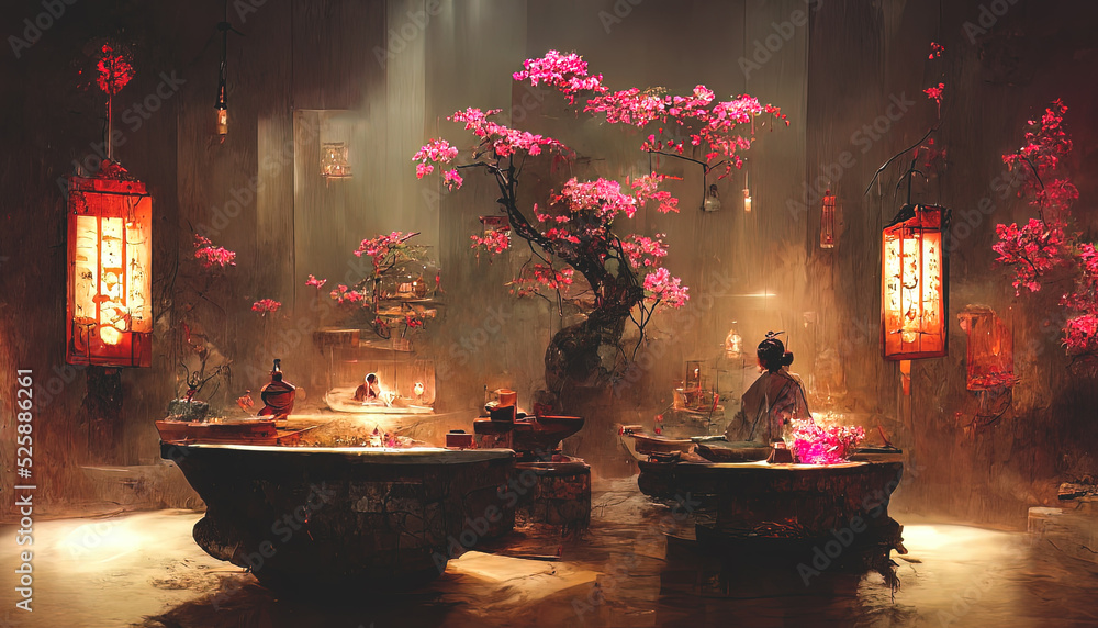 Wall mural fantasy japanese landscape spa. japanese hot springs, ancient architecture. 3d illustration.