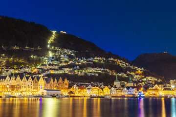 The city of Bergen captured in April. The beautiful blue hour adds charm to the city located in the fjord