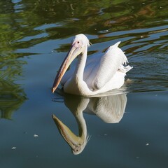 pélican et son reflet dans l'eau d'un étang