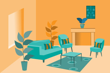 illustration of a living room with gradient colors of orange and blue