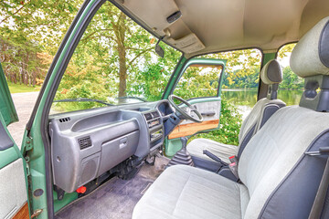 Green micro Van with wood trim