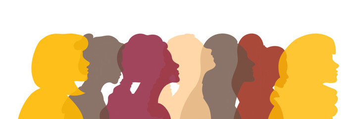 Concept of Strong and Independent Women Who Fight For Equality, Rights, Freedom. Women of Different Nationalities United. Beautiful Flat Girls in Different Color Profile. Gender Equality Vector