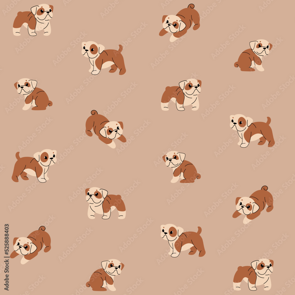 Wall mural Cartoon happy bulldog - simple trendy pattern with dogs. Flat vector illustration for prints, clothing, packaging and postcards. 