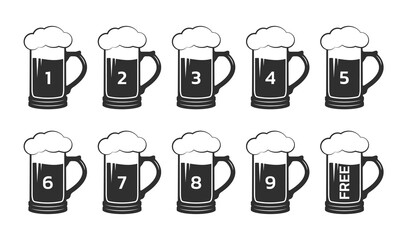 Beer loyalty card design template.  Buy 9 beer mugs and get 1 for free. Bar, pub promotion concept. Vector illustration.