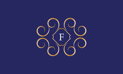 Abstract logo sign with letter F in the center. Gold monogram on a blue background