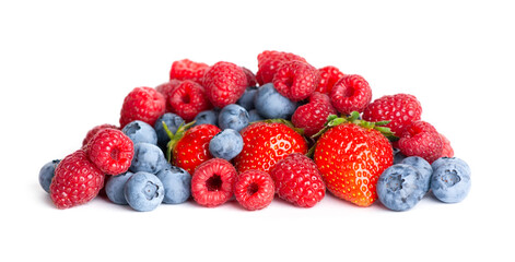 Fruits. Sweet berries on white background. Fresh ripe fruits closeup. Strawberry, raspberry and blueberry.